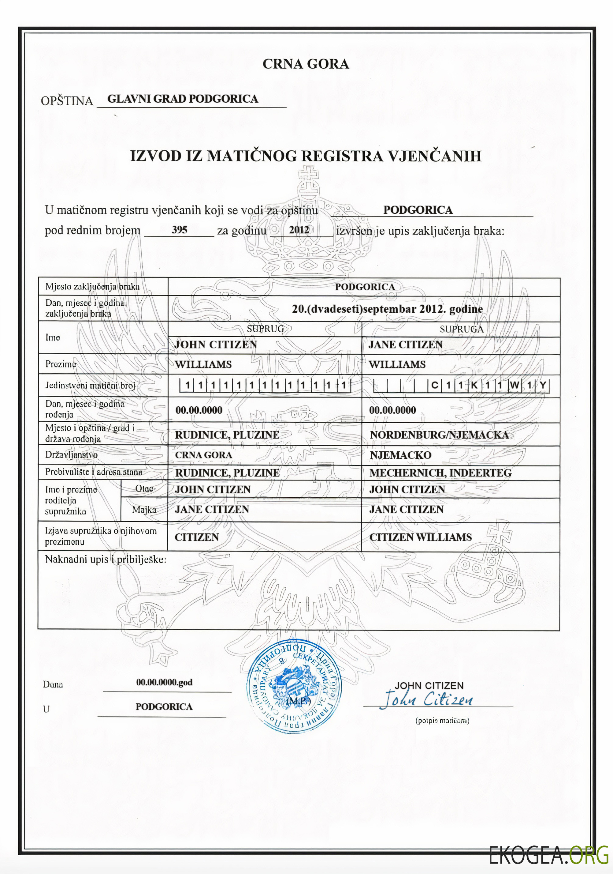 MONTÉNÉGRO (Crna Gora) acte de mariage